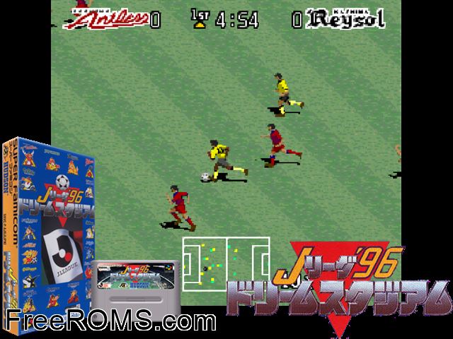 J.League '96 Dream Stadium SNES game showing 3D box cover and gameplay screenshot