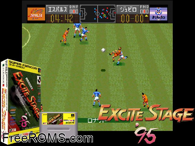 J.League Excite Stage '95 SNES game showing 3D box cover and gameplay screenshot