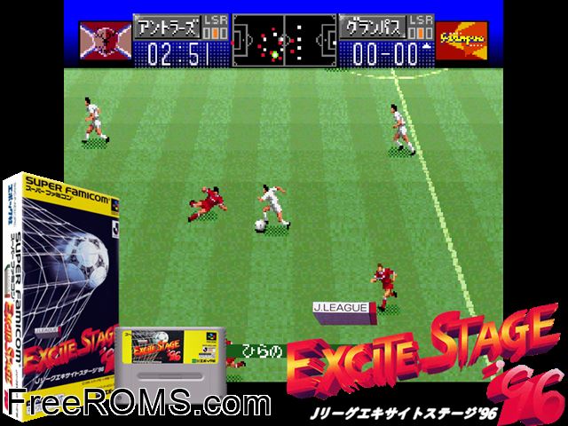 J.League Excite Stage '96 SNES game showing 3D box cover and gameplay screenshot