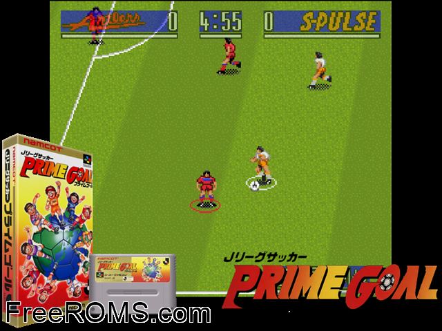 J.League Soccer Prime Goal SNES game showing 3D box cover and gameplay screenshot
