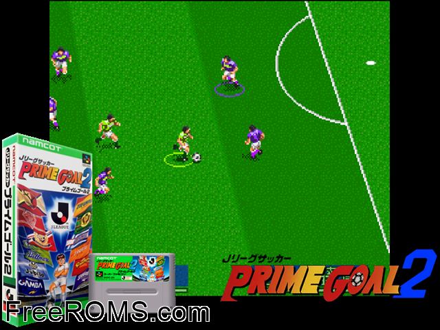 J.League Soccer Prime Goal 2 SNES game showing 3D box cover and gameplay screenshot