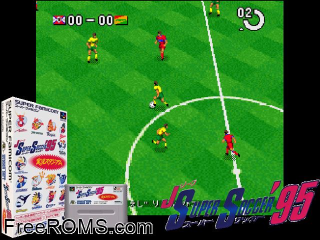J.League Super Soccer '95 - Jikkyou Stadium SNES game showing 3D box cover and gameplay screenshot