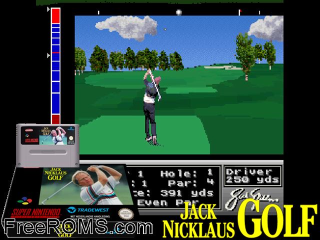Jack Nicklaus Golf SNES game showing 3D box cover and gameplay screenshot