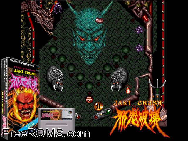 Jaki Crush SNES game showing 3D box cover and gameplay screenshot
