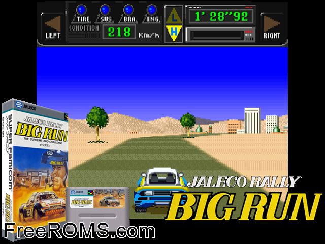 Jaleco Rally - Big Run - The Supreme 4WD Challenge SNES game showing 3D box cover and gameplay screenshot