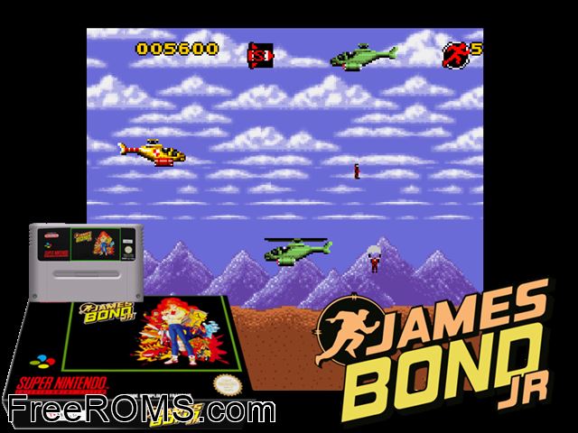 James Bond Jr SNES game showing 3D box cover and gameplay screenshot