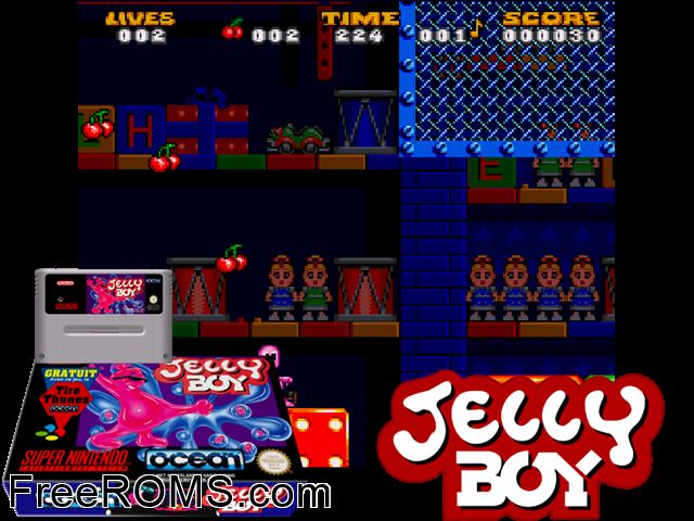 Jelly Boy SNES game showing 3D box cover and gameplay screenshot