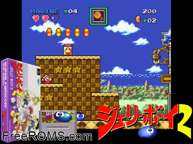 Jelly Boy 2 SNES game showing 3D box cover and gameplay screenshot