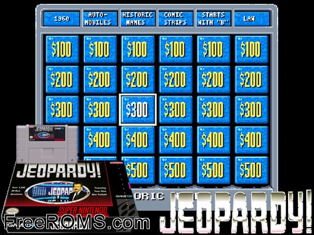 Jeopardy! SNES game showing 3D box cover and gameplay screenshot