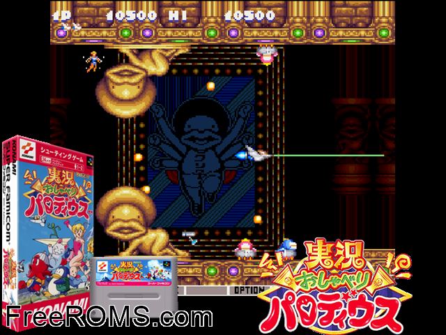 Jikkyou Oshaberi Parodius SNES game showing 3D box cover and gameplay screenshot