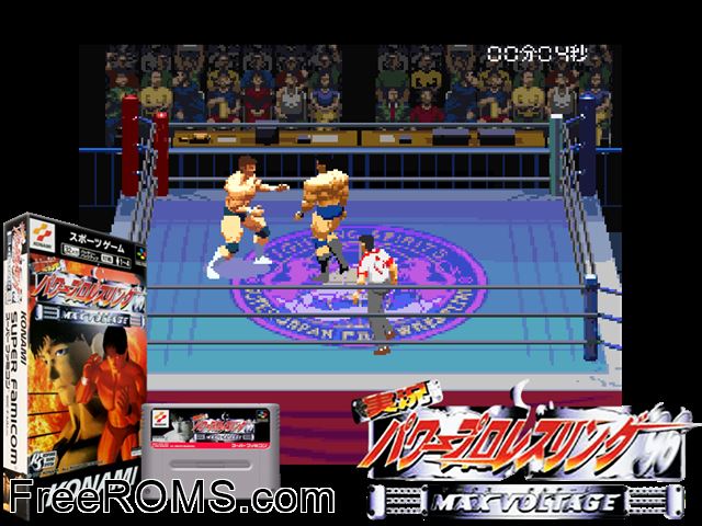 Jikkyou Power Pro Wrestling '96 - Max Voltage SNES game showing 3D box cover and gameplay screenshot