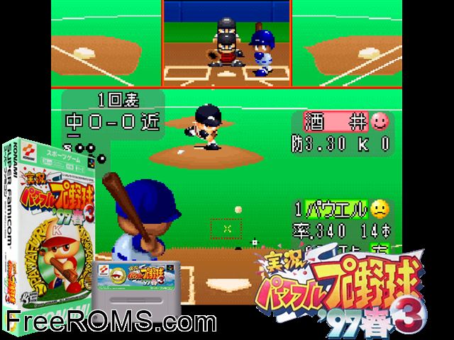 Jikkyou Powerful Pro Yakyuu 3 '97 Haru SNES game showing 3D box cover and gameplay screenshot