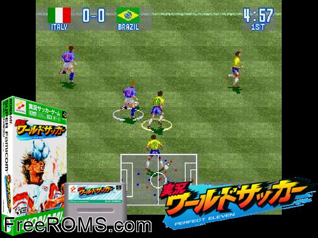 Jikkyou World Soccer - Perfect Eleven SNES game showing 3D box cover and gameplay screenshot