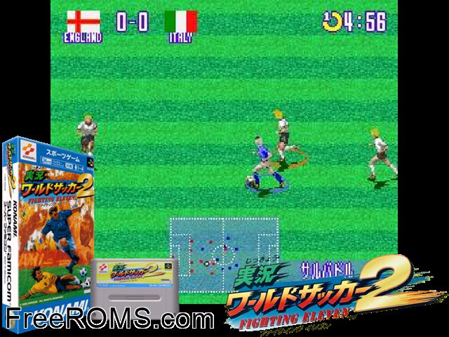 Jikkyou World Soccer 2 - Fighting Eleven SNES game showing 3D box cover and gameplay screenshot