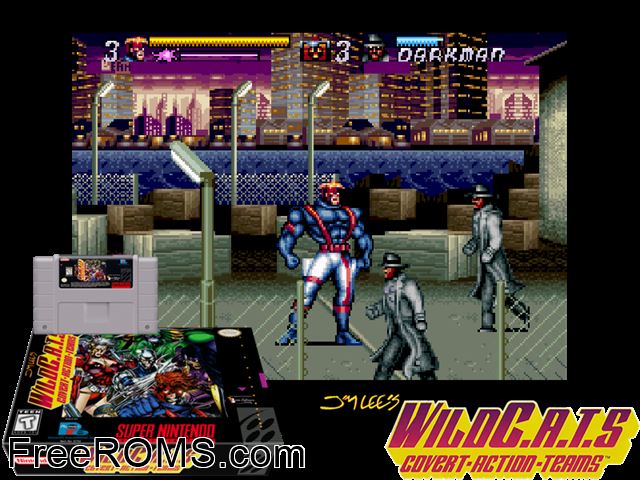 Jim Lee's WildC.A.T.S SNES game showing 3D box cover and gameplay screenshot