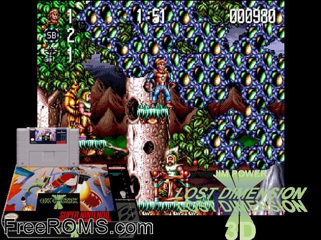 Jim Power - The Lost Dimension in 3D SNES game showing 3D box cover and gameplay screenshot
