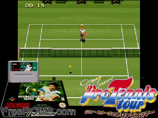 Jimmy Connors Pro Tennis Tour SNES game showing 3D box cover and gameplay screenshot