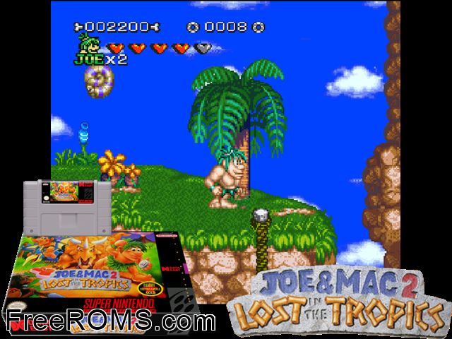 Joe And Mac 2 - Lost in the Tropics SNES game showing 3D box cover and gameplay screenshot