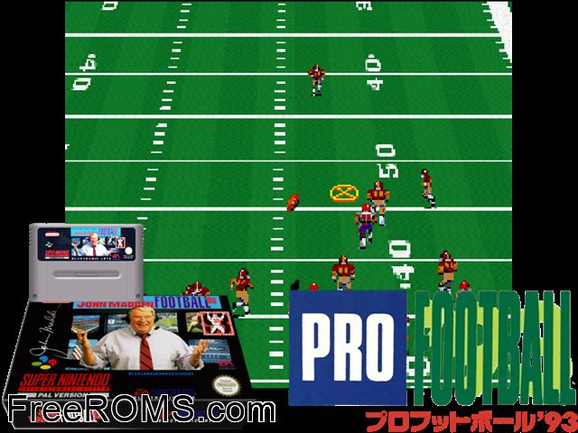 John Madden Football '93 SNES game showing 3D box cover and gameplay screenshot
