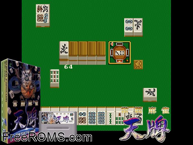 Joushou Mahjong Tenpai SNES game showing 3D box cover and gameplay screenshot