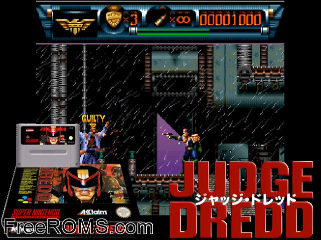 Judge Dredd SNES game showing 3D box cover and gameplay screenshot