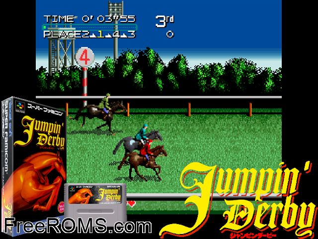 Jumpin' Derby SNES game showing 3D box cover and gameplay screenshot