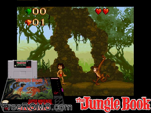 Jungle Book, The SNES game showing 3D box cover and gameplay screenshot