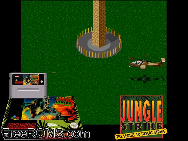 Jungle Strike SNES game showing 3D box cover and gameplay screenshot