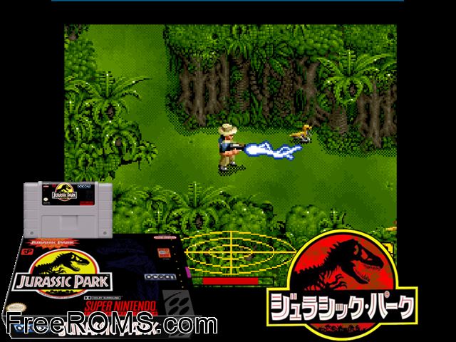 Jurassic Park SNES game showing 3D box cover and gameplay screenshot