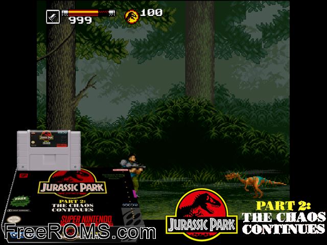 Jurassic Park Part 2 - The Chaos Continues SNES game showing 3D box cover and gameplay screenshot