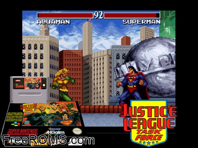 Justice League Task Force SNES game showing 3D box cover and gameplay screenshot