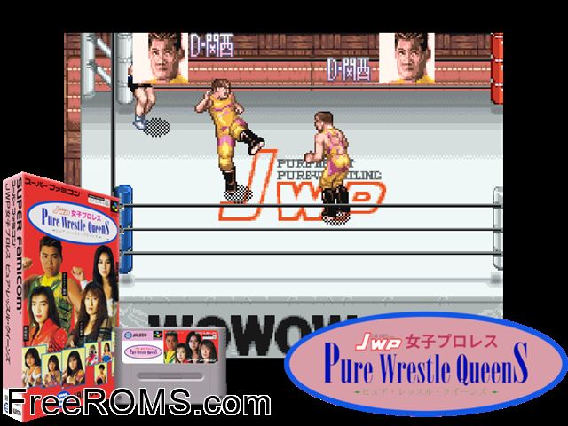 JWP Joshi Pro Wrestling - Pure Wrestle Queens SNES game showing 3D box cover and gameplay screenshot