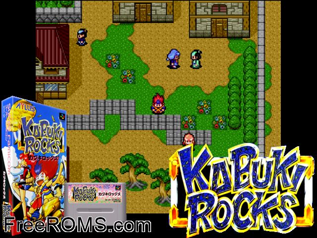 Kabuki Rocks SNES game showing 3D box cover and gameplay screenshot