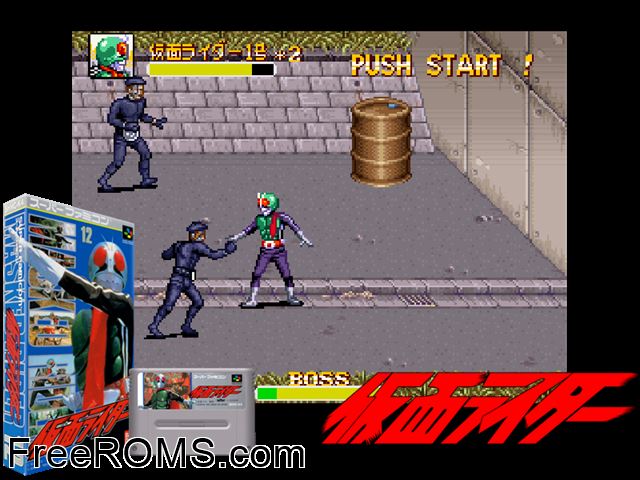 Kamen Rider SNES game showing 3D box cover and gameplay screenshot