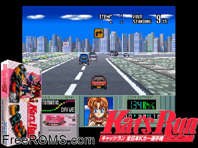 Kat's Run - Zennihon K Car Senshuken SNES game showing 3D box cover and gameplay screenshot