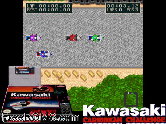 Kawasaki Caribbean Challenge SNES game showing 3D box cover and gameplay screenshot