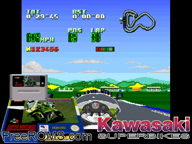 Kawasaki Superbike Challenge SNES game showing 3D box cover and gameplay screenshot