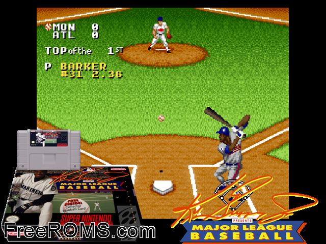 Ken Griffey Jr. Presents Major League Baseball SNES game showing 3D box cover and gameplay screenshot