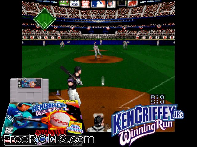 Ken Griffey Jr.'s Winning Run SNES game showing 3D box cover and gameplay screenshot