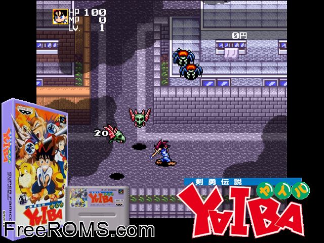 Kenyuu Densetsu Yaiba SNES game showing 3D box cover and gameplay screenshot