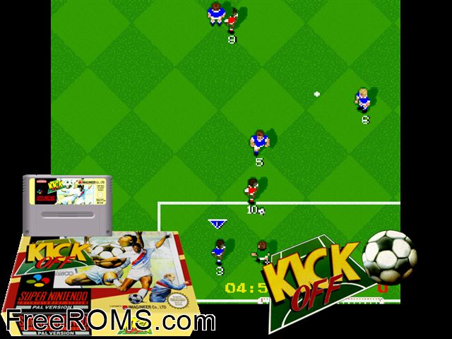 Kick Off SNES game showing 3D box cover and gameplay screenshot