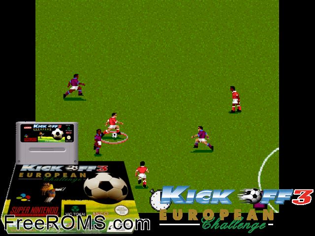 Kick Off 3 - European Challenge SNES game showing 3D box cover and gameplay screenshot