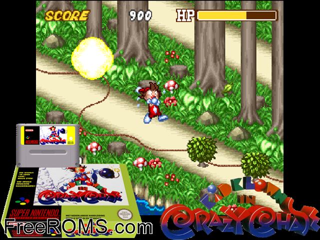 Kid Klown in Crazy Chase SNES game showing 3D box cover and gameplay screenshot