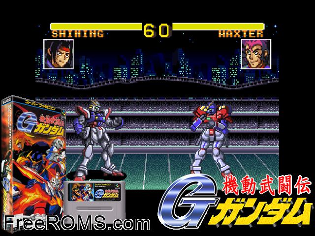 Kidou Butouden G-Gundam SNES game showing 3D box cover and gameplay screenshot