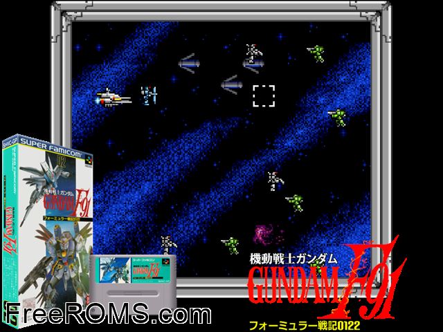 Kidou Senshi Gundam F91 - Formula Senki 0122 SNES game showing 3D box cover and gameplay screenshot