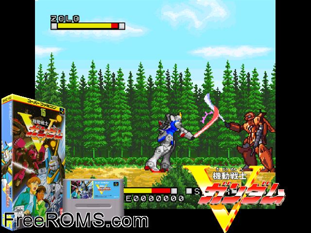 Kidou Senshi V Gundam SNES game showing 3D box cover and gameplay screenshot