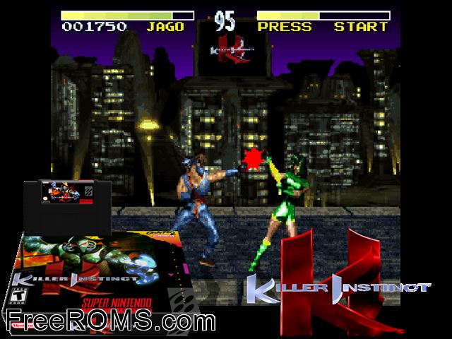 Killer Instinct SNES game showing 3D box cover and gameplay screenshot