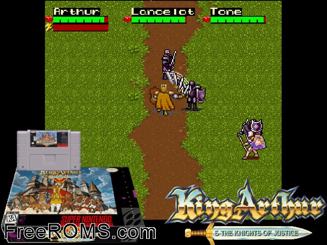 King Arthur And The Knights of Justice SNES game showing 3D box cover and gameplay screenshot