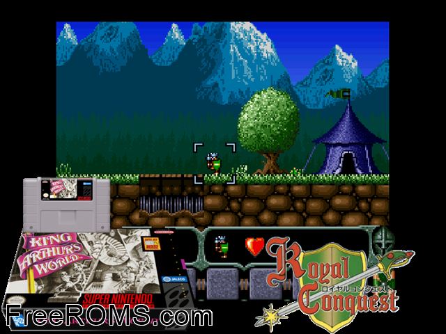 King Arthur's World SNES game showing 3D box cover and gameplay screenshot