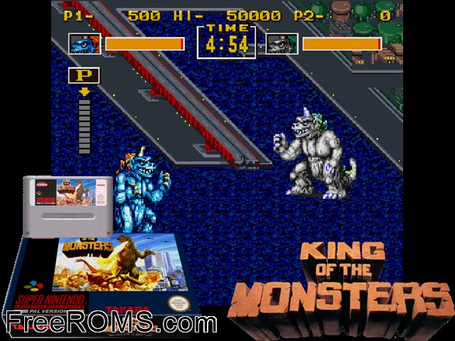 King of the Monsters SNES game showing 3D box cover and gameplay screenshot